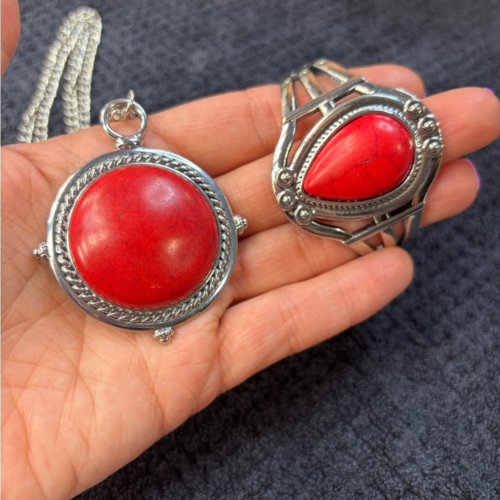 Long Red Statement Necklace Pendant - Unbranded Silver-Tone Fashion Jewelry